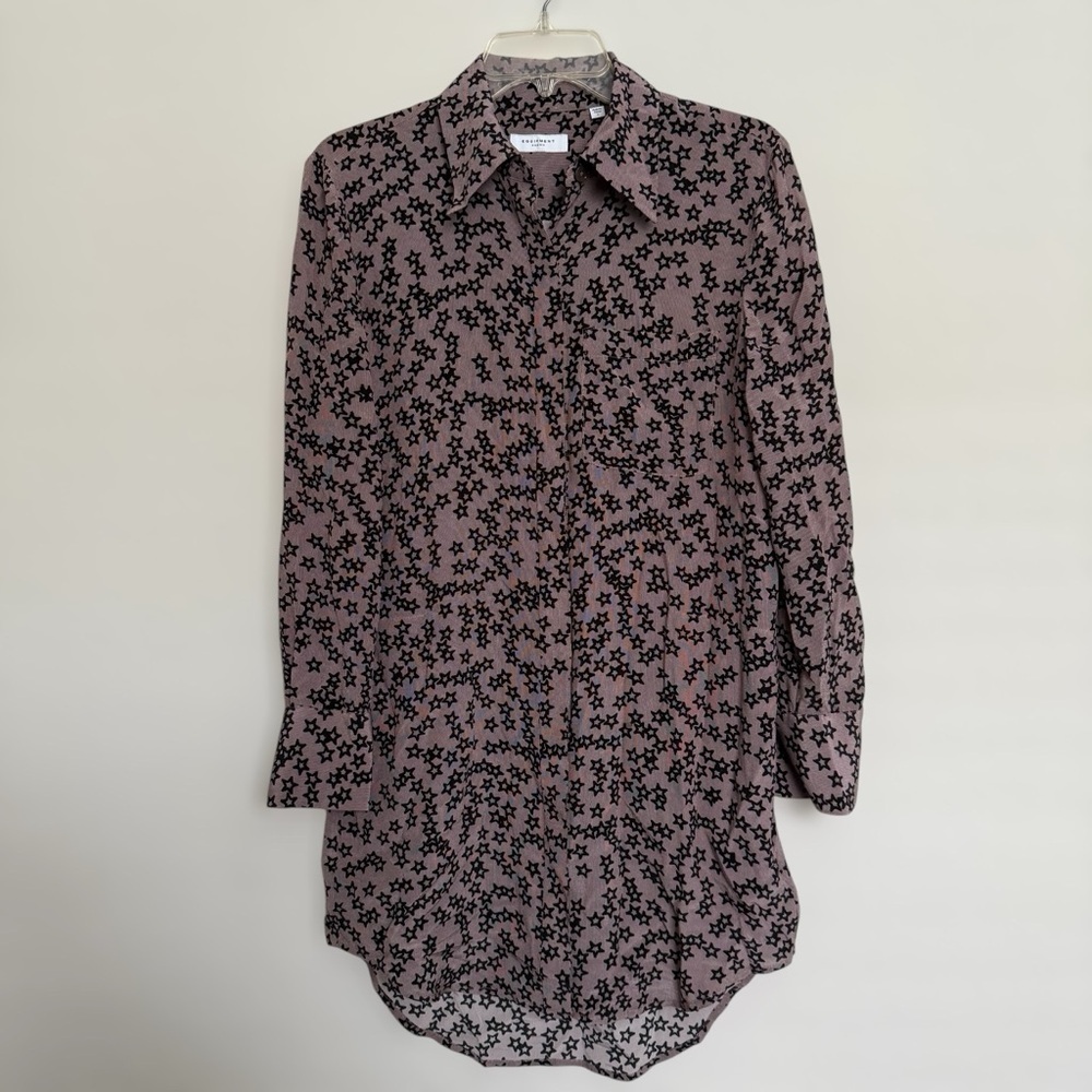 Equipment Taupe Silk Star Print Mini Shirt Dress Size S Quiet Luxury Celestial